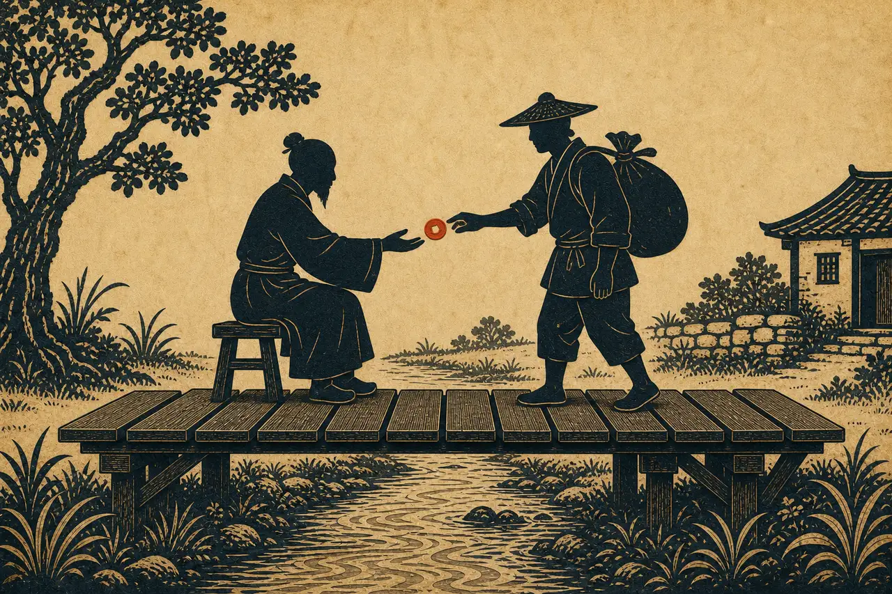 剪纸风格的桥头,守桥老人向客商伸手,客商递出一枚小红钱
