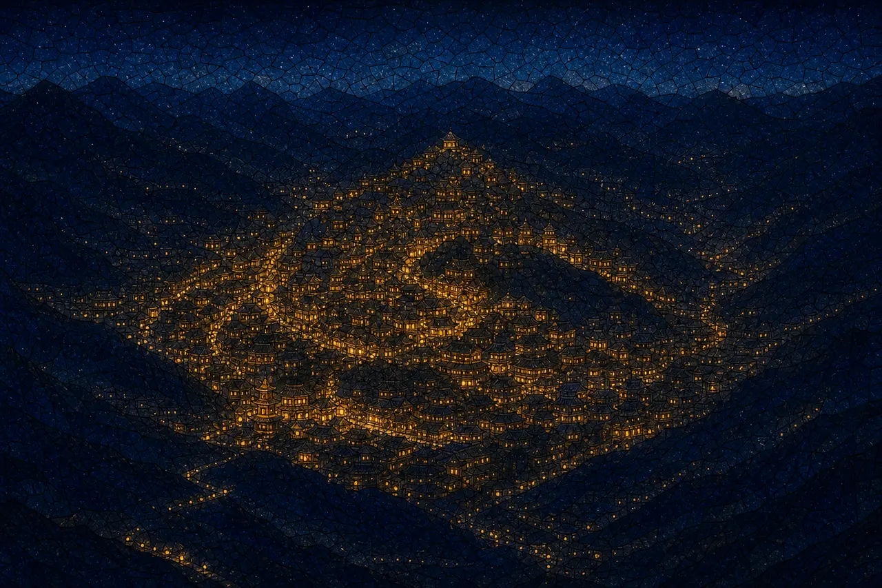 花窗镶嵌画风的夜景,群山谷底里一座亮着万点灯火的城