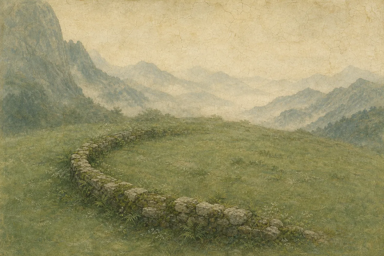 蛋彩湿壁画风：翠绿山坡上一道覆青苔的旧矮墙缓缓弯过，两端没入草丛，远山笼在晨雾里