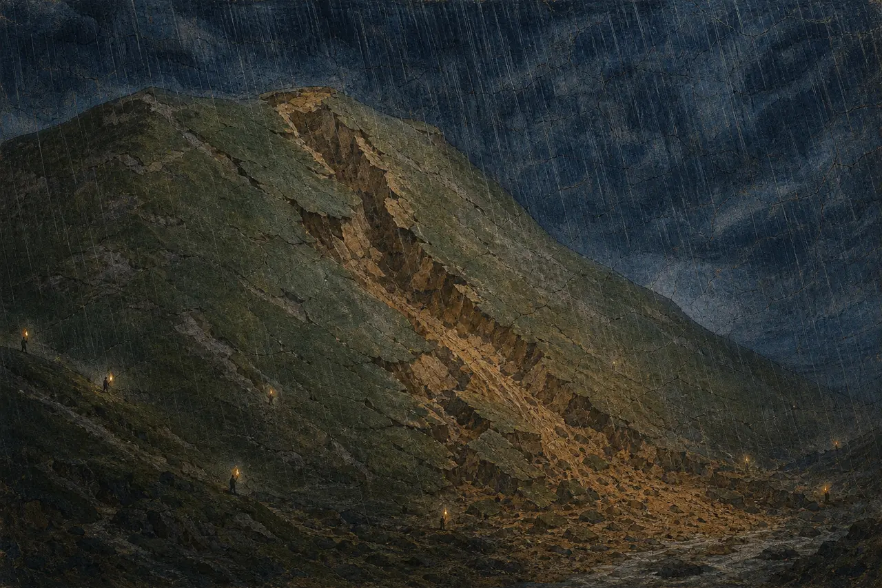 暴雨深夜,绿草坡从中间裂开、整片软土朝谷底下滑,几点渺小火把在坡上