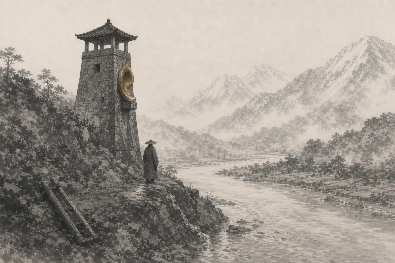 一座守潮塔旁竖着半人高的铜耳,守塔人把旧水尺放在一边观察河岸
