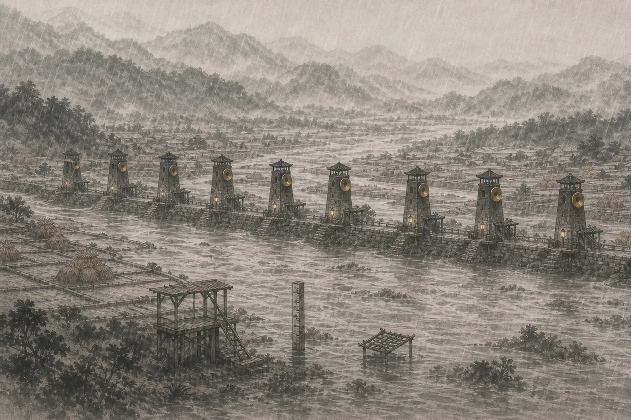 寻常雨季里九座塔的平安灯同时亮起,堤内粮垛干燥,旧观水器物蒙着尘