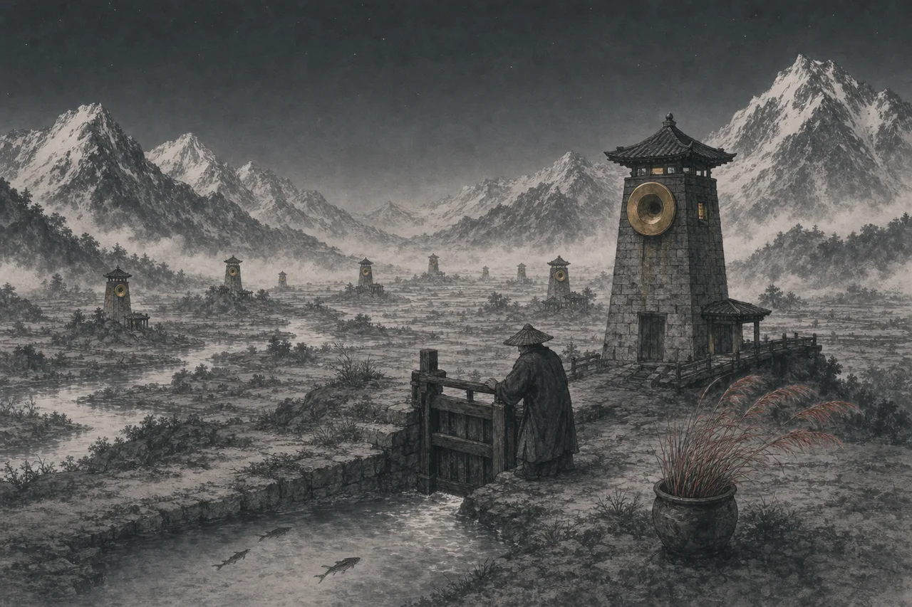 无雨夜里朱草朝雪山伏下,井口冒冷雾,老守塔人正在合上一扇木闸