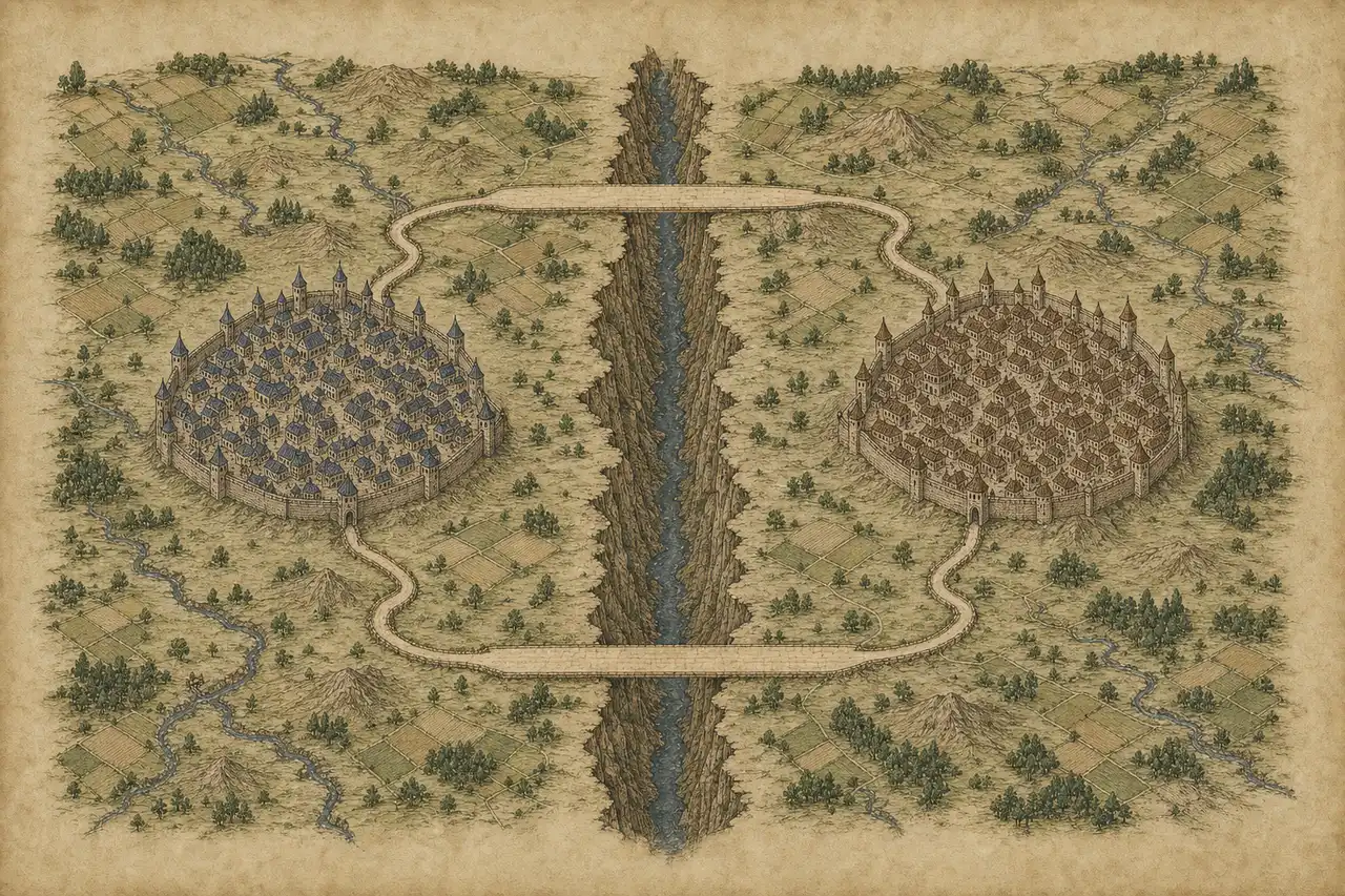 细密画风的鸟瞰图,峡谷两岸两座对称的城,两条环形道路相连