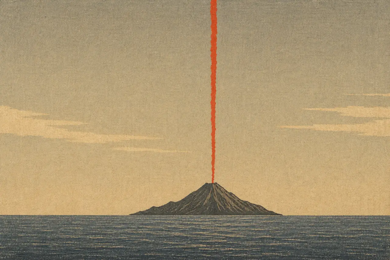 无尽之海上的孤火山岛，朱红烟柱直上云霄，木刻版画