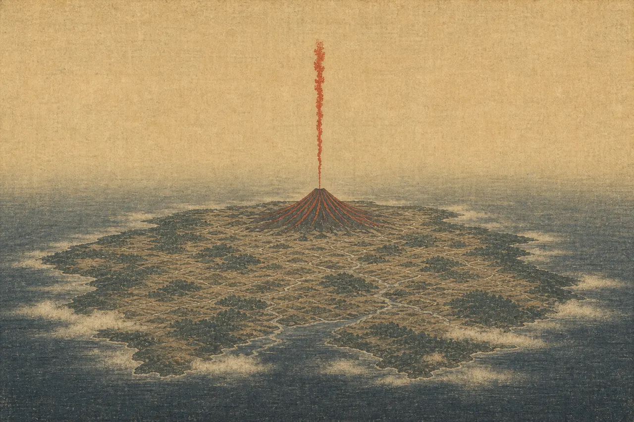 高空俯瞰海中巨岛,云雾缠绕,岛心一缕朱红烟柱