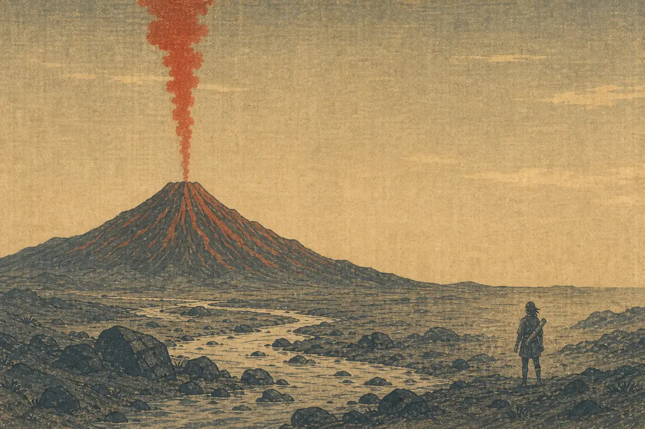 另一个小小的背影立于溪岸,望向同一座喷烟的火山