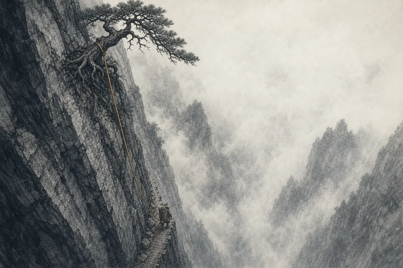 手绘石版画风：窄栈道横挂在雾谷之上的崖壁，崖口老松垂下一根麻绳系向一个极小的持绳背夫