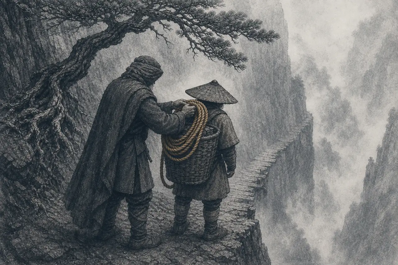 崖口老松旁,绳师把一捆盘好的新绳搭上阿渡肩头,身后是隐入雾谷的窄栈道
