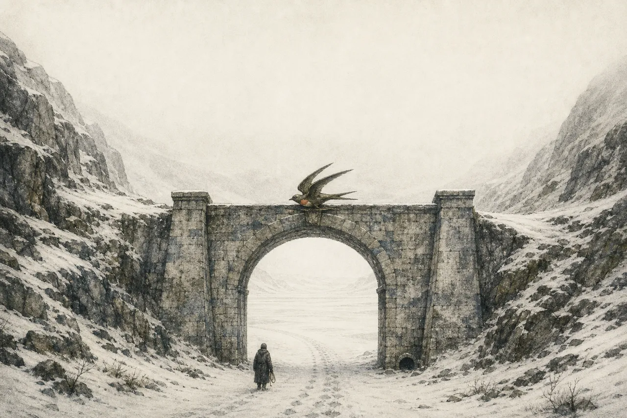 手绘石版画风：雪山夹缝里的白石关门通向长雾，门楼上停着铜燕，背绳索的旅人站在门前