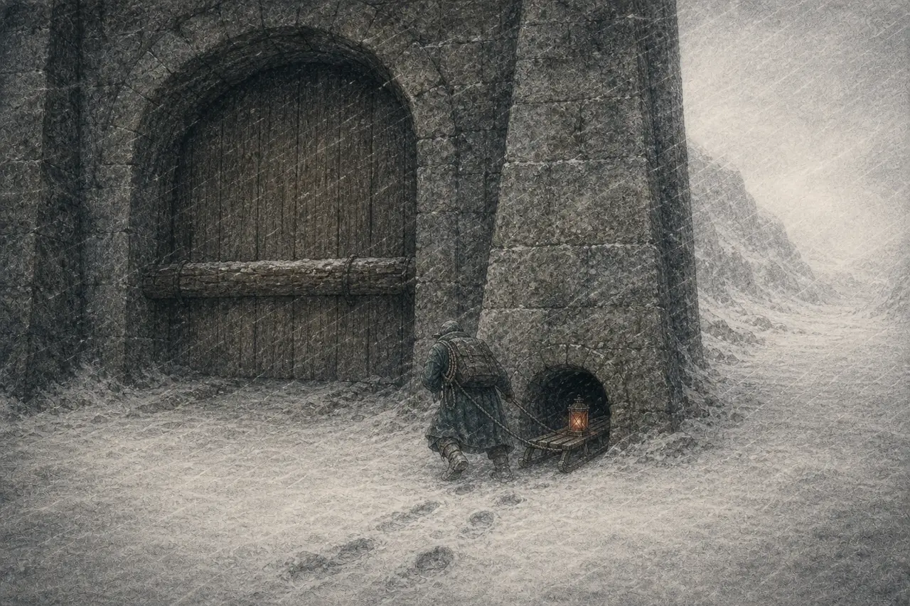 暴雪中阿汀从门楼泄水石洞钻出,腰缠绳索拖着风灯雪橇,在浮雪上留下新脚印