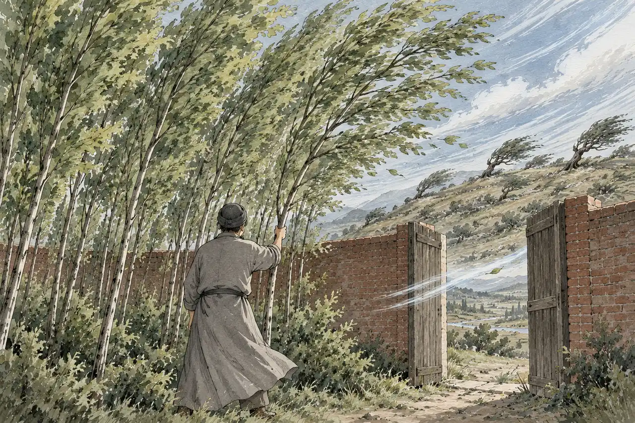 园门敞开，一阵风灌进来，高高的细树一齐弯晃，温先生扶住一根软软弯下的树干