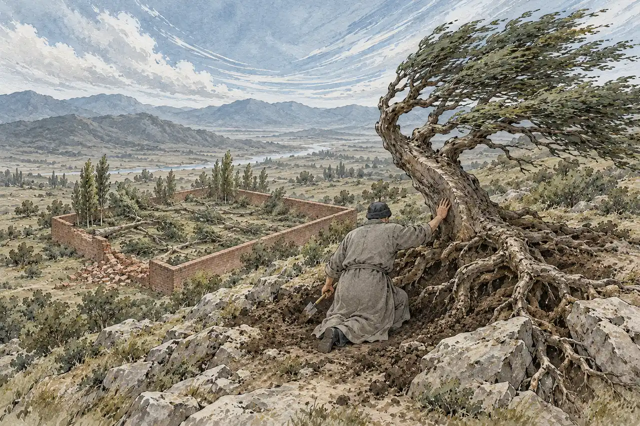 温先生跪在坡上刨开一棵歪树的根，根又粗又深钻进石缝，他的手按在树干迎风面鼓起的一道棱上